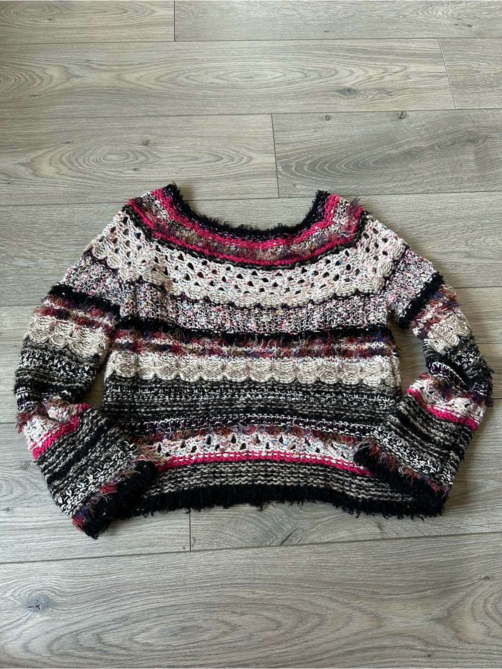 SLEEPING ON SNOW Anthropologie Mixed Media Crochet Boho Sweater Size Medium - Picture 4 of 11